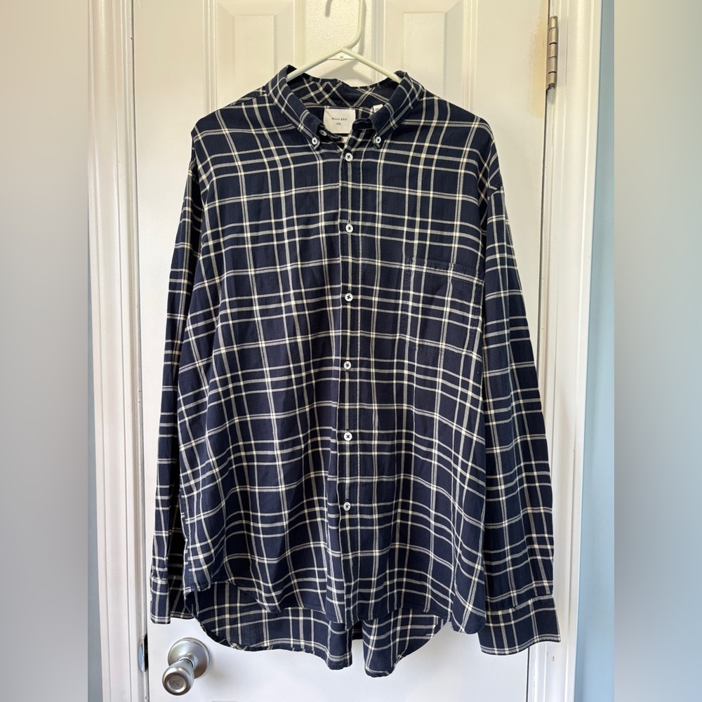 Billy Reid Men's Blue and White Plaid Standard Button Down Shirt Size XXL